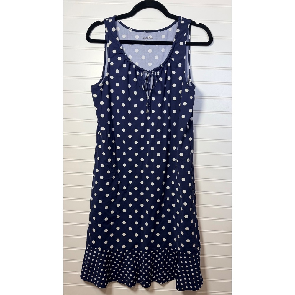 Lands End Womens Navy Blue Polka Dot Swim CoverUp Dress Sleeveless Pockets S 6-8